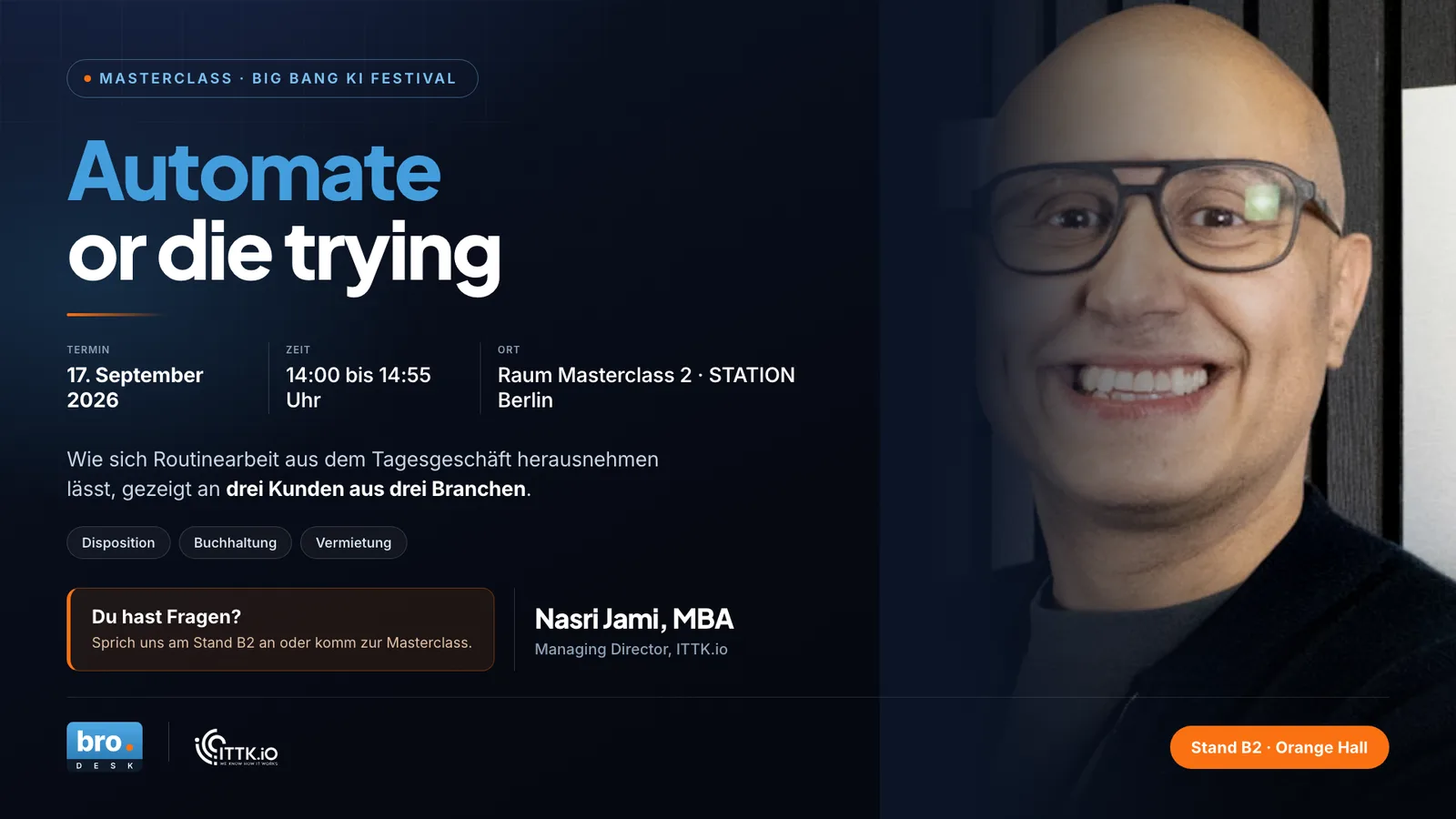 Plakat der Masterclass „Automate or die trying“ mit Nasri Jami, 17. September 2026, 14:00 Uhr, Raum Masterclass 2, STATION Berlin
